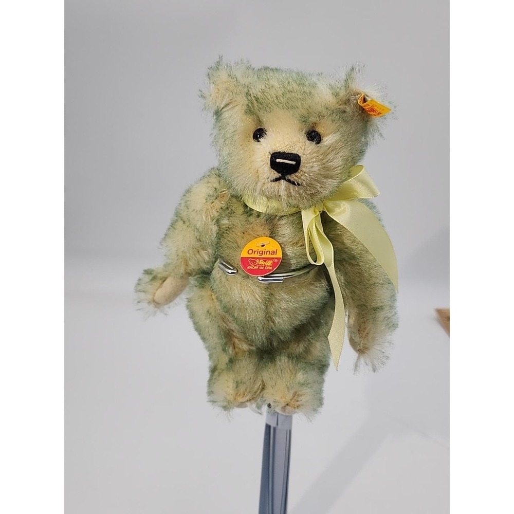 Vintage 7" green tipped original Steiff jointed mohair bear w/ bow‎ 028175